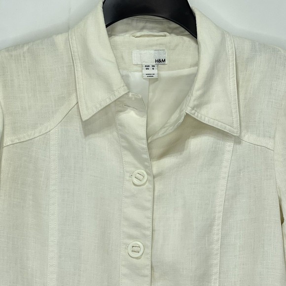 H&M Womens Jacket Blazer Sz 6 Linen Beige Button Front Long Sleeve - Picture 9 of 16
